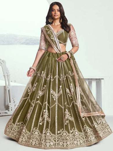 Adorable Olive Green Sequins Net Mehendi Wear Lehenga Choli - Ethnic Plus In